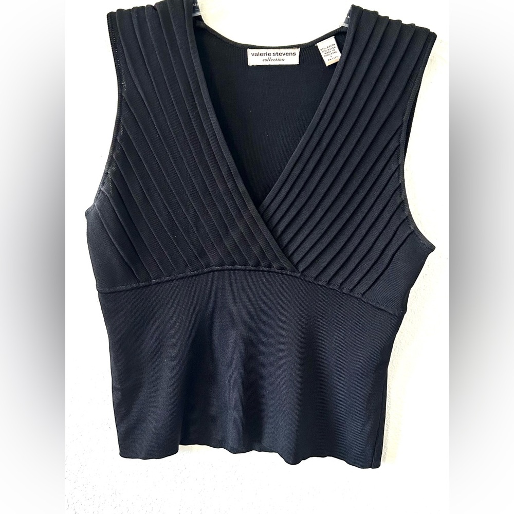 Valerie Stevens Black Pleated V-Neck Tank Top